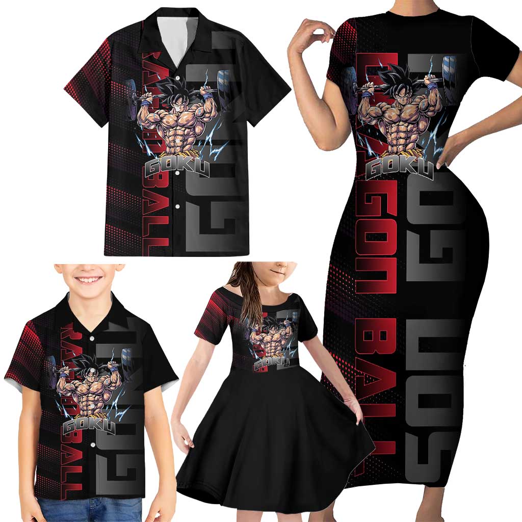 Goku Gym Theme Black and Red Design Family Matching Short Sleeve Bodycon Dress and Hawaiian Shirt with Dumbbell Lightning Art and Muscle Training Pose