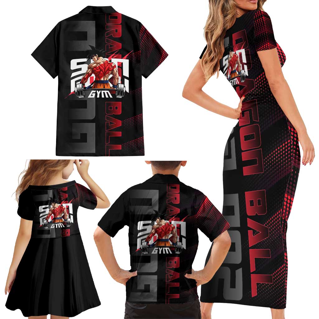 Goku Gym Theme Black and Red Design Family Matching Short Sleeve Bodycon Dress and Hawaiian Shirt with Dumbbell Lightning Art and Muscle Training Pose