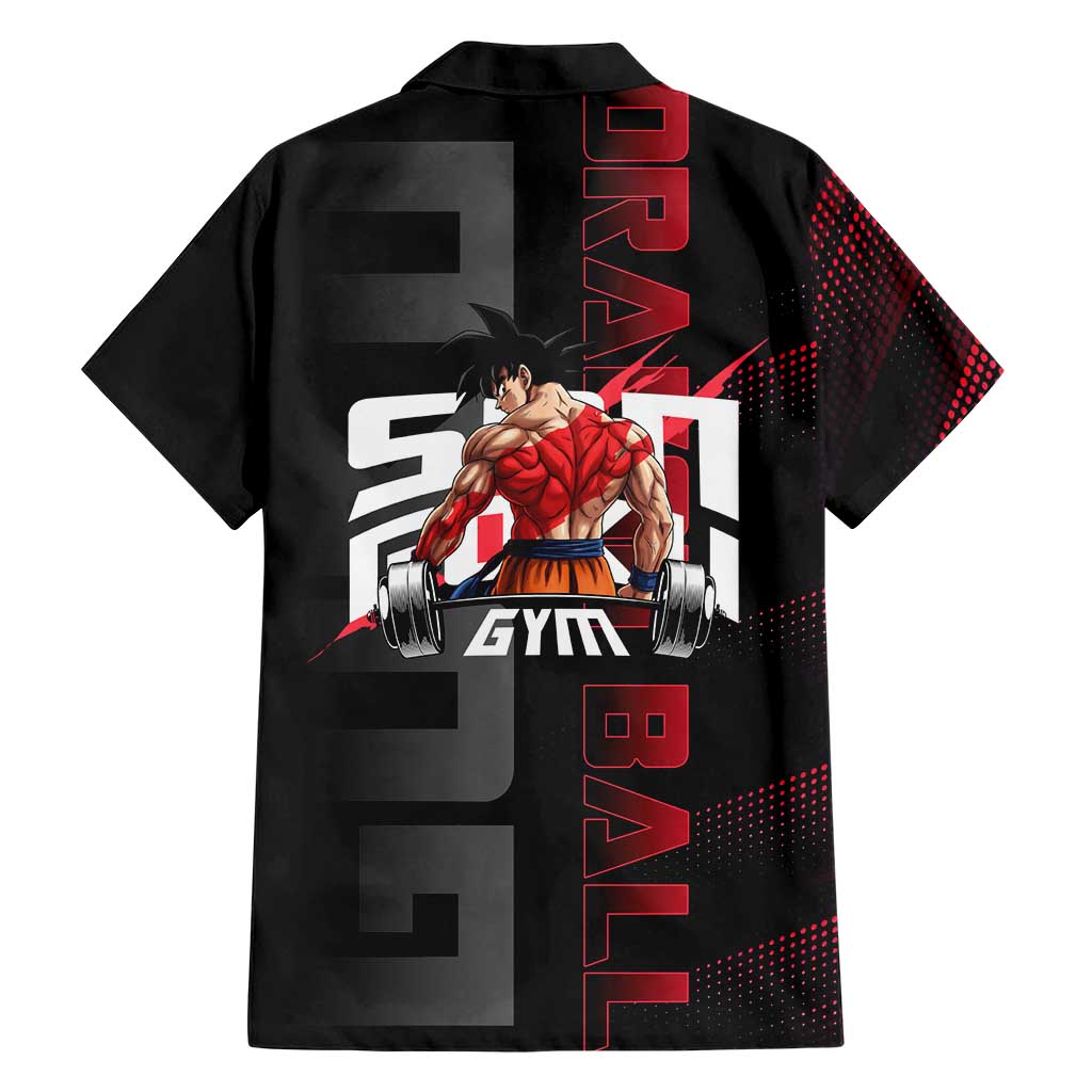 Goku Gym Theme Black and Red Design Family Matching Short Sleeve Bodycon Dress and Hawaiian Shirt with Dumbbell Lightning Art and Muscle Training Pose