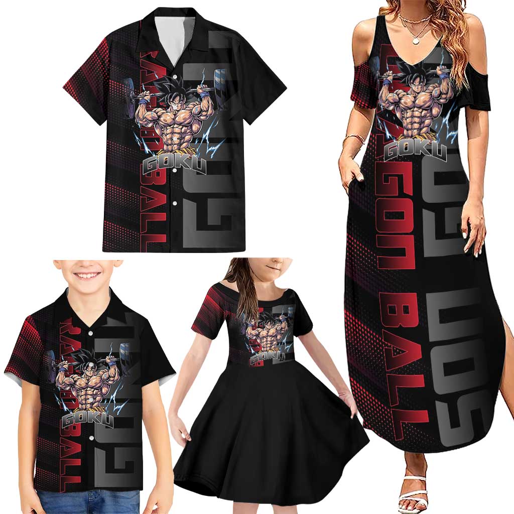 Goku Gym Theme Black and Red Design Family Matching Summer Maxi Dress and Hawaiian Shirt with Dumbbell Lightning Art and Muscle Training Pose