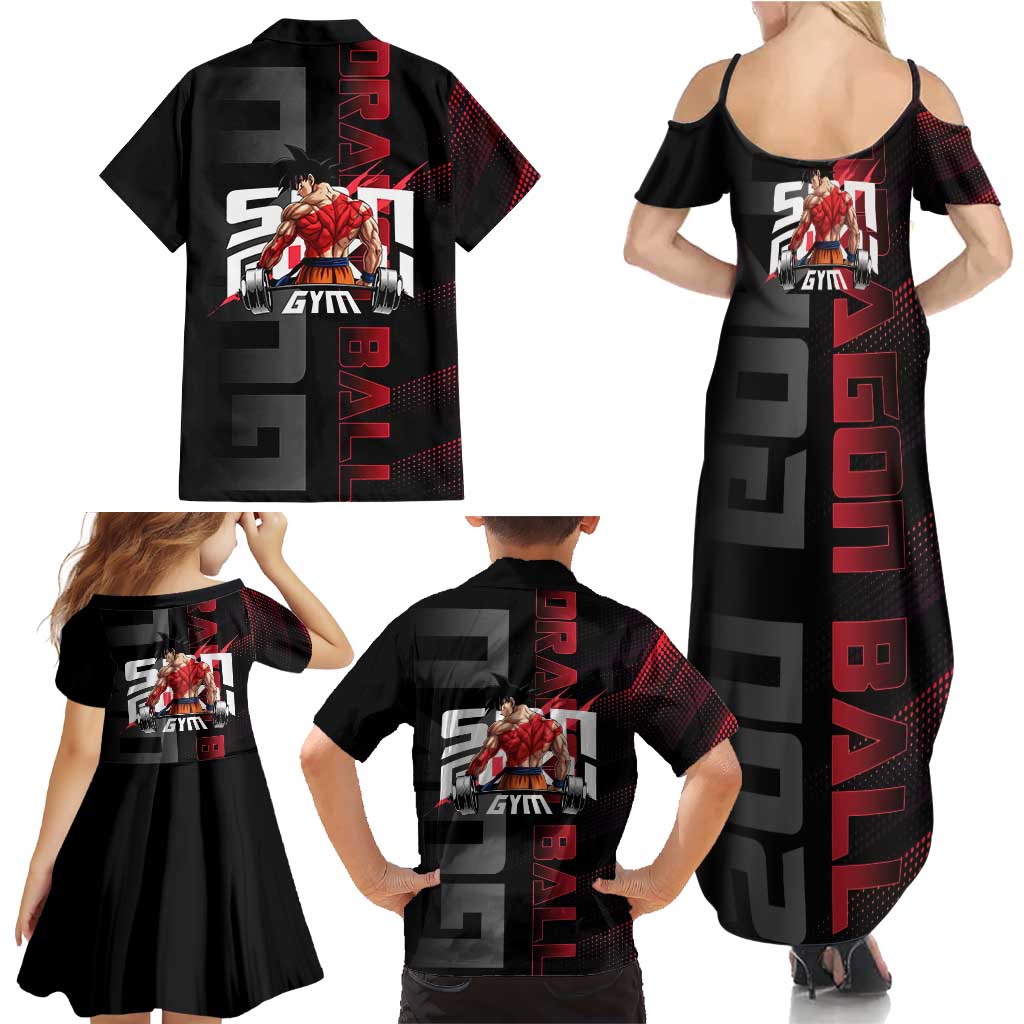 Goku Gym Theme Black and Red Design Family Matching Summer Maxi Dress and Hawaiian Shirt with Dumbbell Lightning Art and Muscle Training Pose