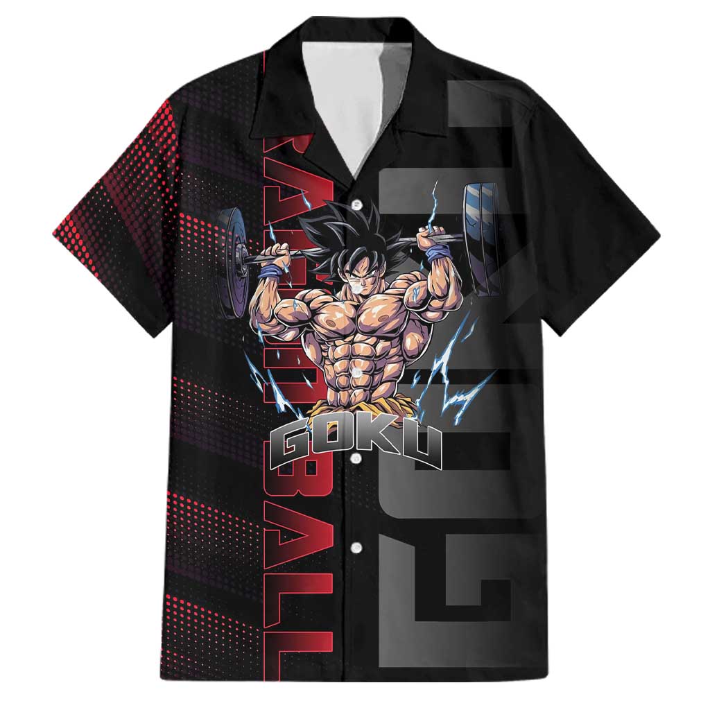 Goku Gym Theme Black and Red Design Family Matching Summer Maxi Dress and Hawaiian Shirt with Dumbbell Lightning Art and Muscle Training Pose