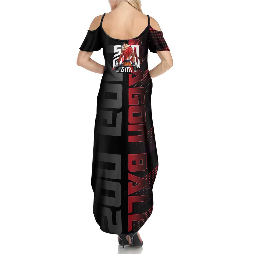 Goku Gym Theme Black and Red Design Family Matching Summer Maxi Dress and Hawaiian Shirt with Dumbbell Lightning Art and Muscle Training Pose