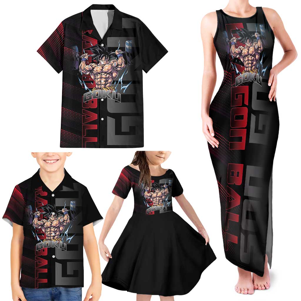 Goku Gym Theme Black and Red Design Family Matching Tank Maxi Dress and Hawaiian Shirt with Dumbbell Lightning Art and Muscle Training Pose