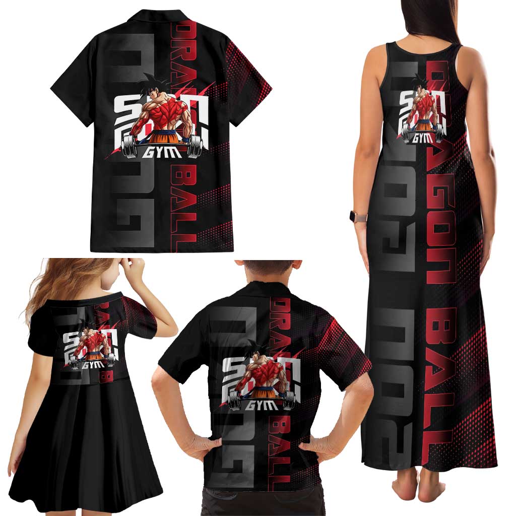 Goku Gym Theme Black and Red Design Family Matching Tank Maxi Dress and Hawaiian Shirt with Dumbbell Lightning Art and Muscle Training Pose