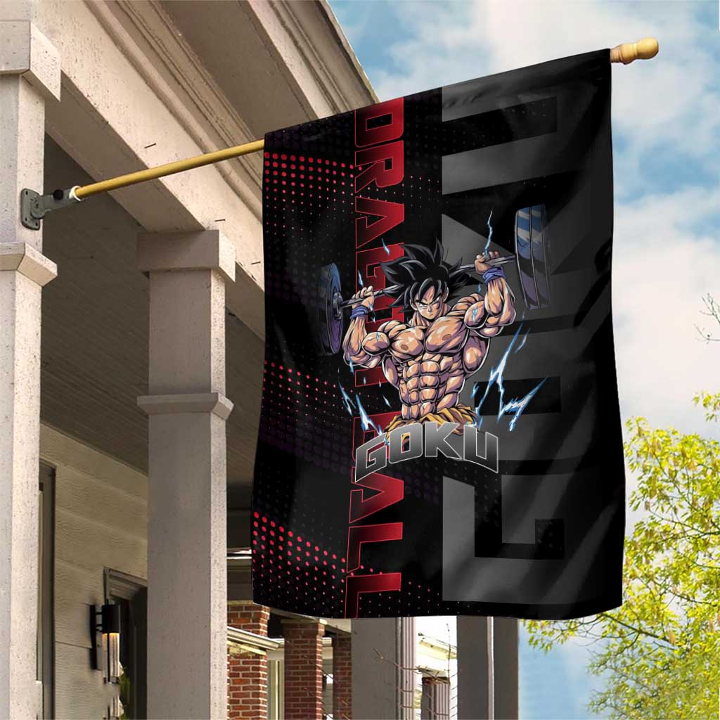 Goku Gym Theme Black and Red Design Garden Flag with Dumbbell Lightning Art and Muscle Training Pose - The Mazicc