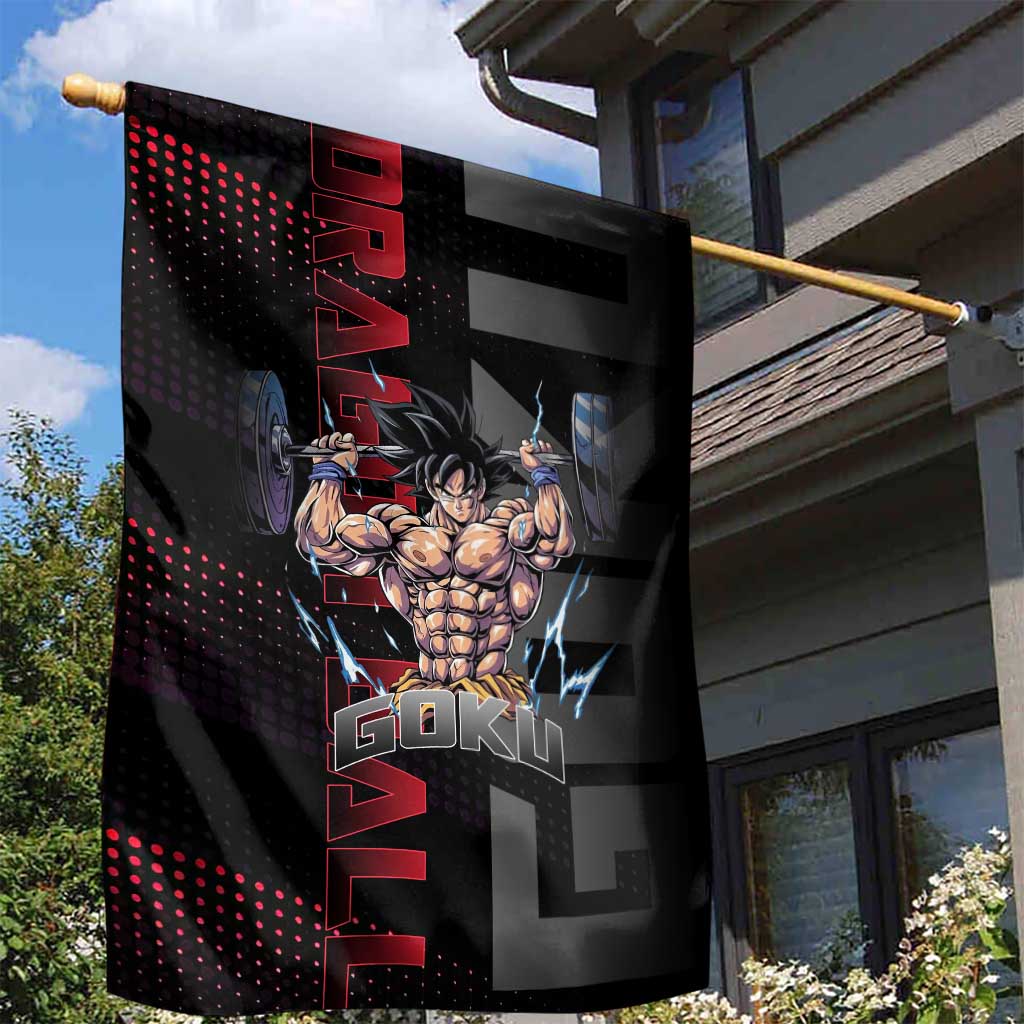 Goku Gym Theme Black and Red Design Garden Flag with Dumbbell Lightning Art and Muscle Training Pose - The Mazicc