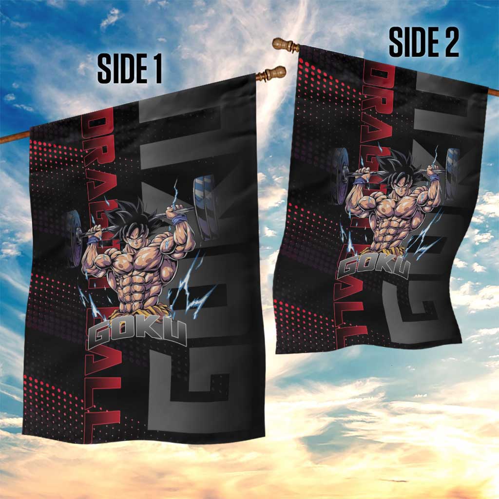 Goku Gym Theme Black and Red Design Garden Flag with Dumbbell Lightning Art and Muscle Training Pose - The Mazicc