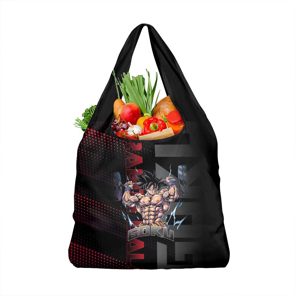 Goku Gym Theme Black and Red Design Grocery Bag with Dumbbell Lightning Art and Muscle Training Pose - The Mazicc
