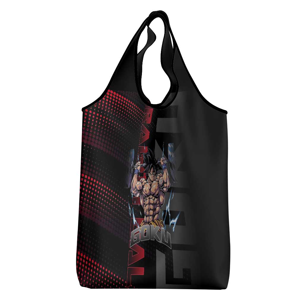 Goku Gym Theme Black and Red Design Grocery Bag with Dumbbell Lightning Art and Muscle Training Pose - The Mazicc