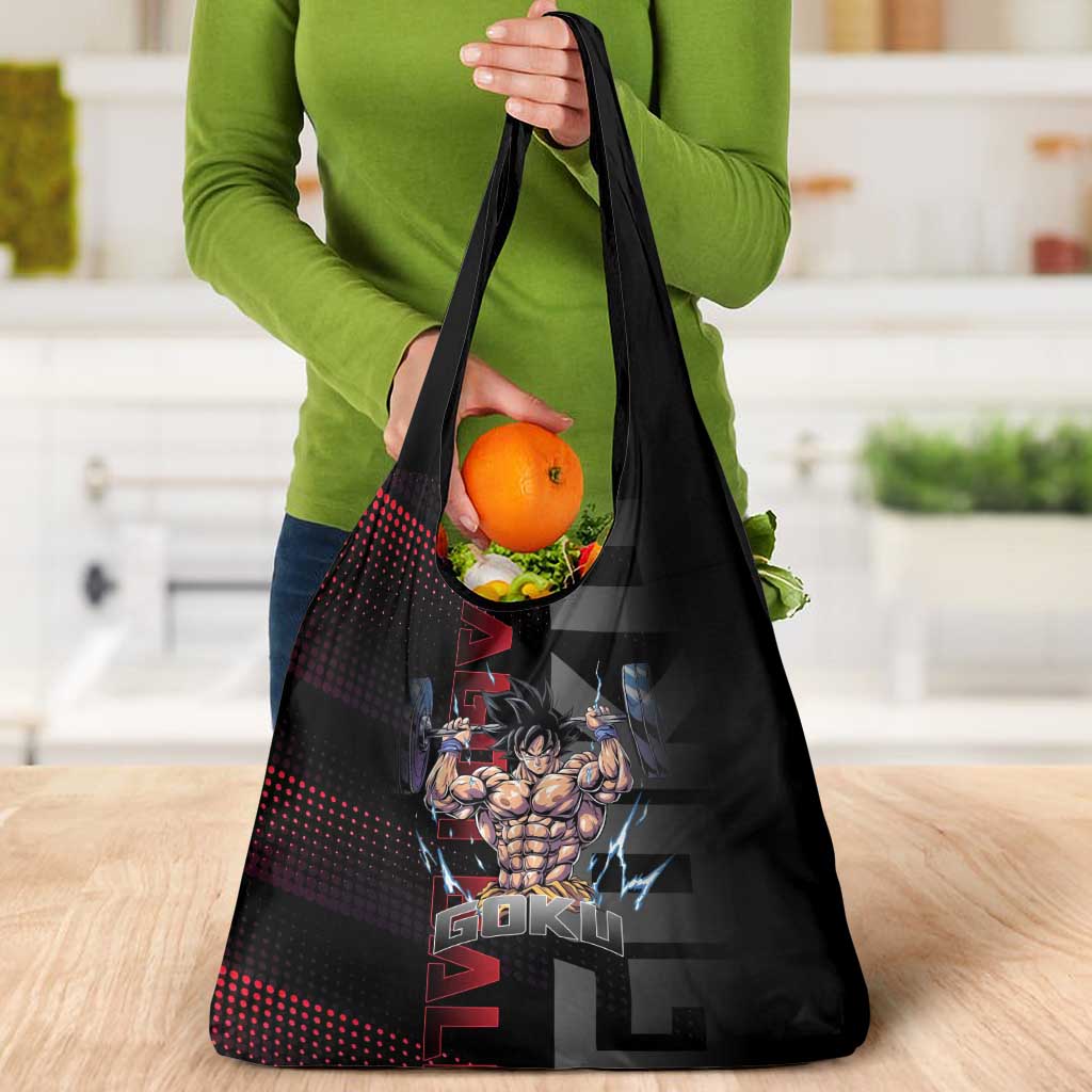 Goku Gym Theme Black and Red Design Grocery Bag with Dumbbell Lightning Art and Muscle Training Pose - The Mazicc