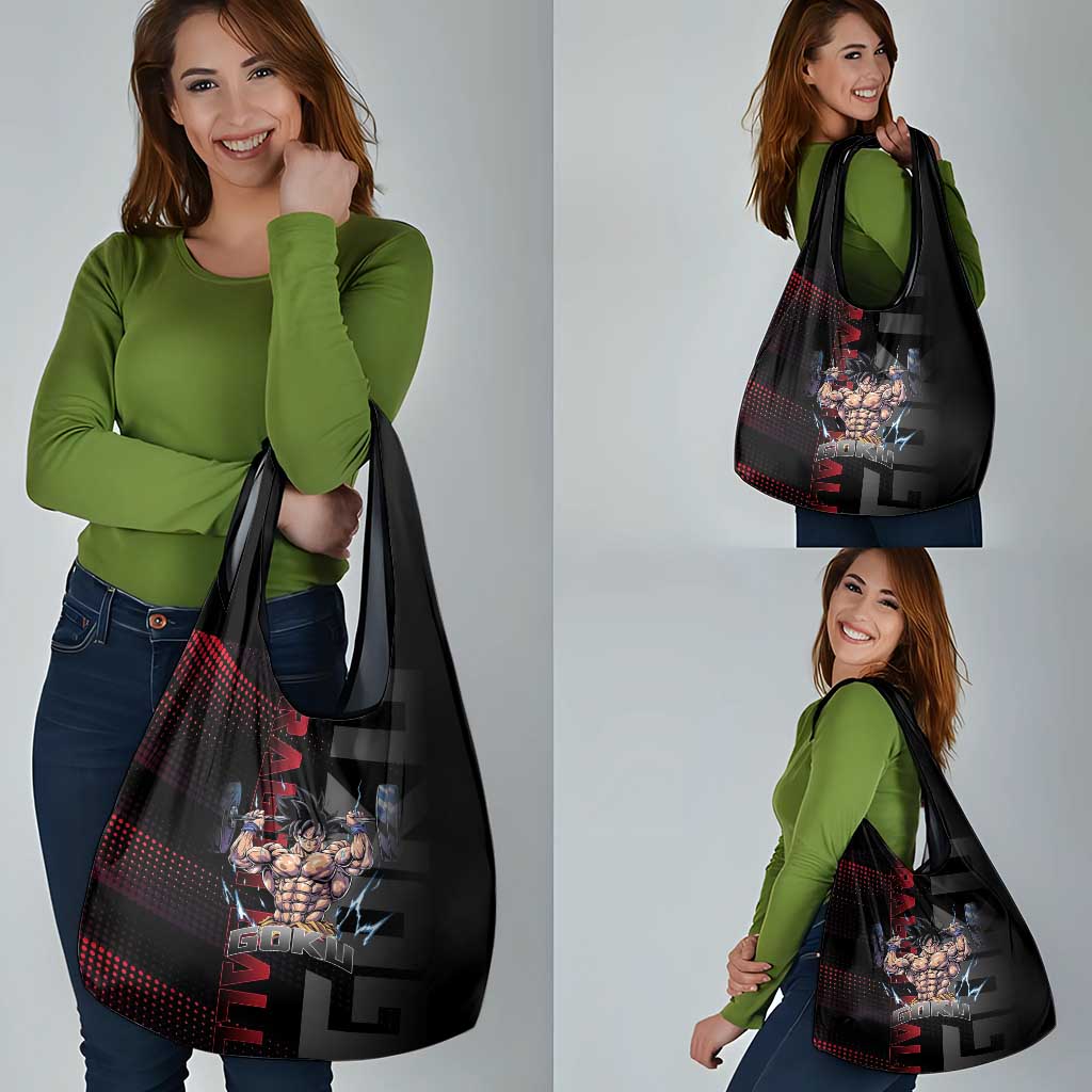Goku Gym Theme Black and Red Design Grocery Bag with Dumbbell Lightning Art and Muscle Training Pose - The Mazicc