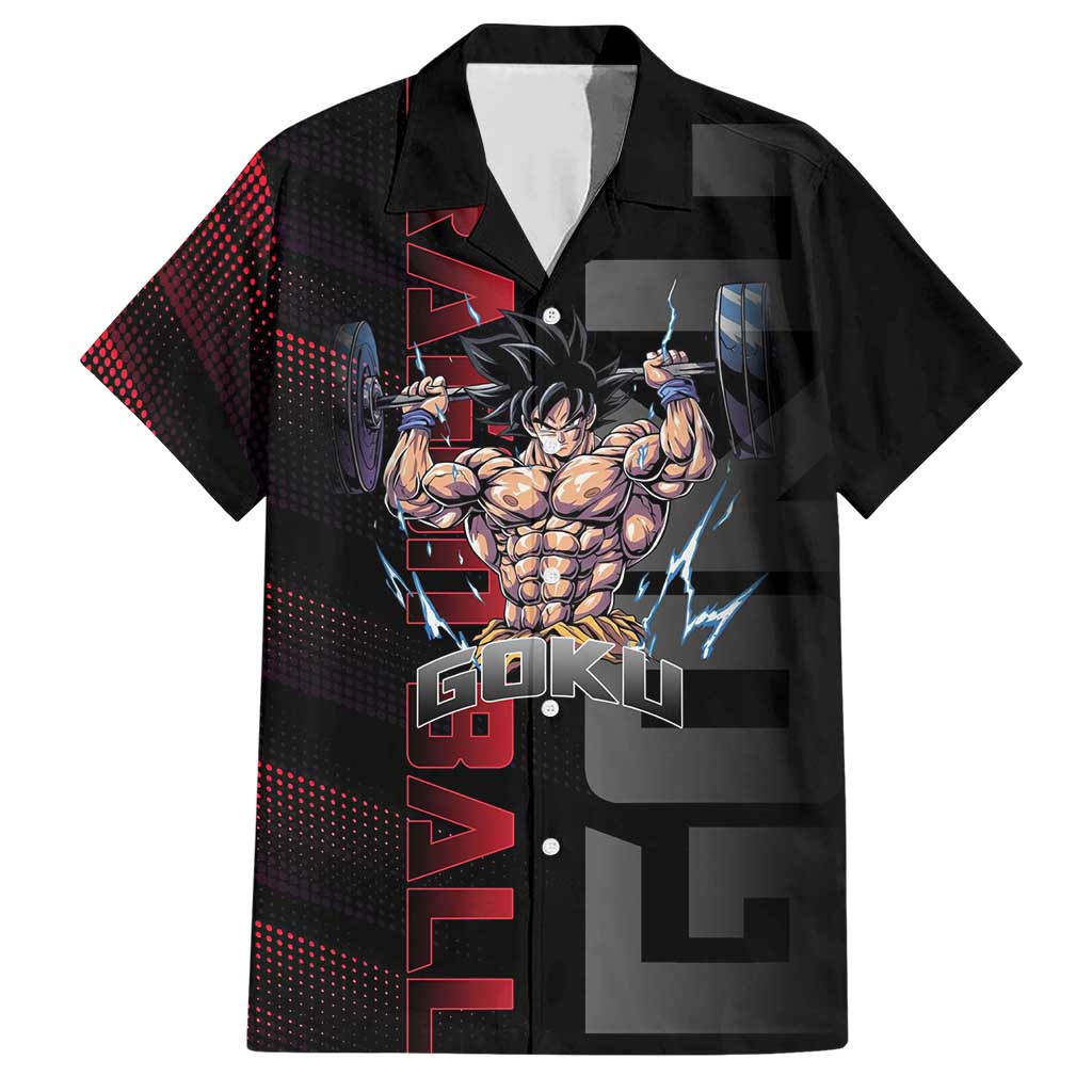 Goku Gym Theme Black and Red Design Hawaiian Shirt with Dumbbell Lightning Art and Muscle Training Pose - The Mazicc