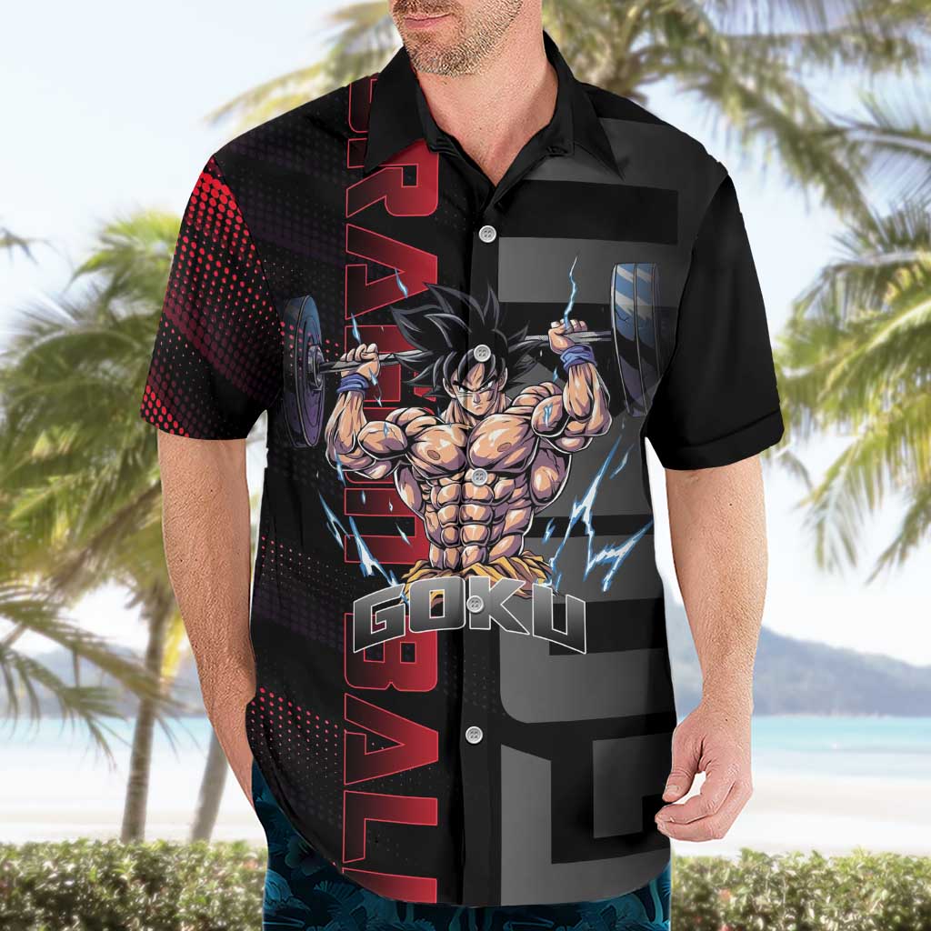 Goku Gym Theme Black and Red Design Hawaiian Shirt with Dumbbell Lightning Art and Muscle Training Pose - The Mazicc
