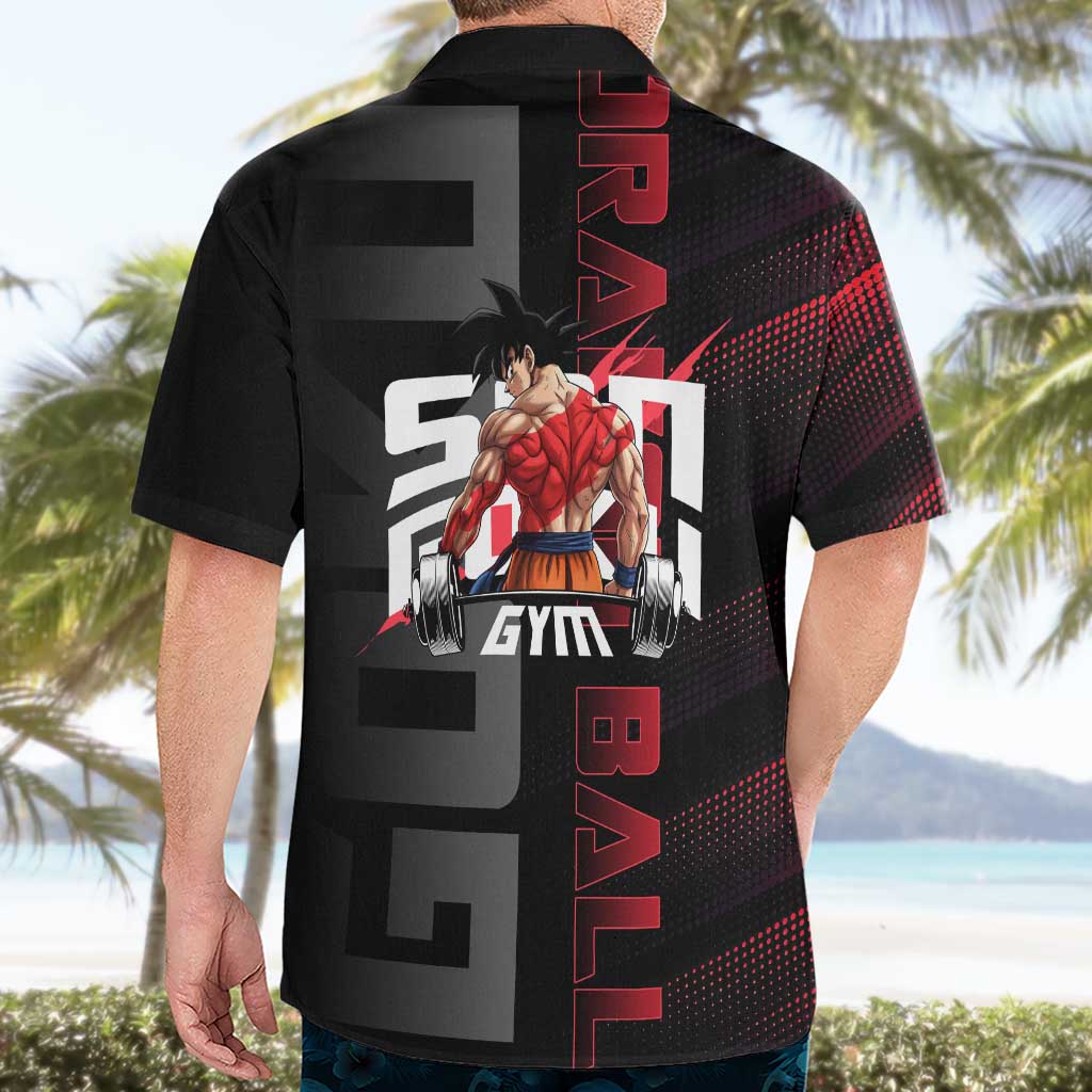 Goku Gym Theme Black and Red Design Hawaiian Shirt with Dumbbell Lightning Art and Muscle Training Pose - The Mazicc