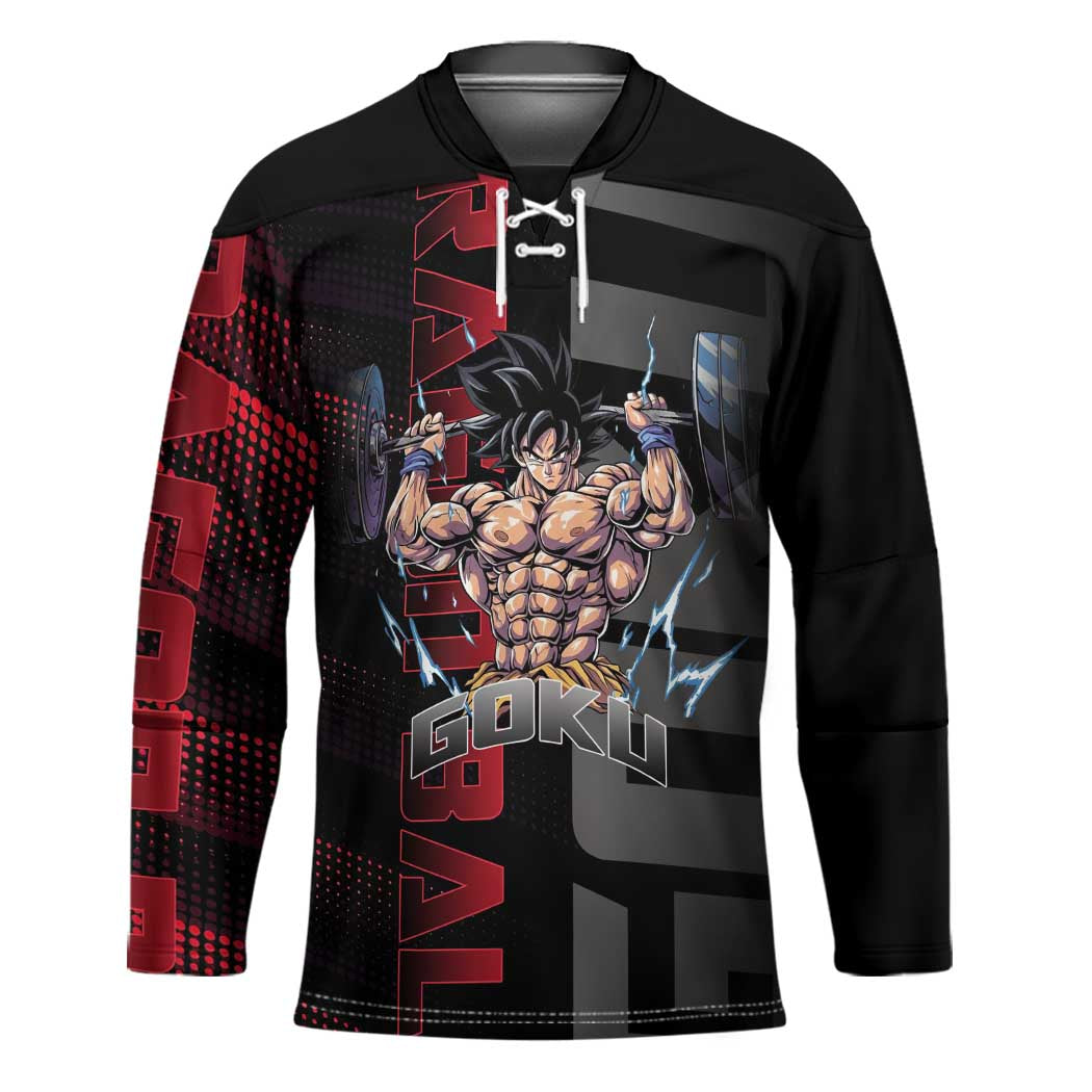 Goku Gym Theme Black and Red Design Hockey Jersey with Dumbbell Lightning Art and Muscle Training Pose - The Mazicc