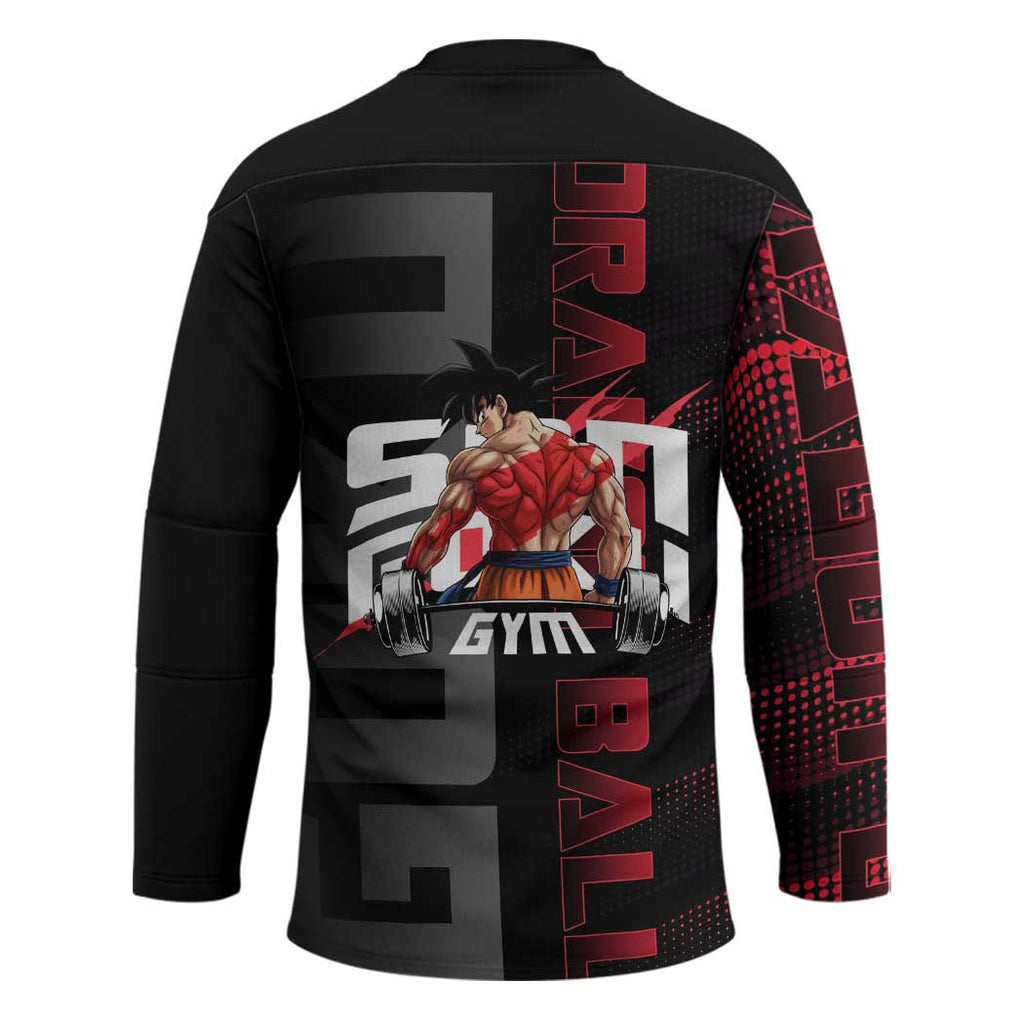 Goku Gym Theme Black and Red Design Hockey Jersey with Dumbbell Lightning Art and Muscle Training Pose - The Mazicc