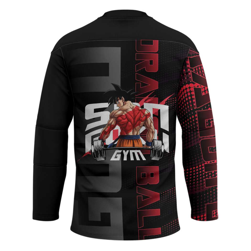 Goku Gym Theme Black and Red Design Hockey Jersey with Dumbbell Lightning Art and Muscle Training Pose - The Mazicc