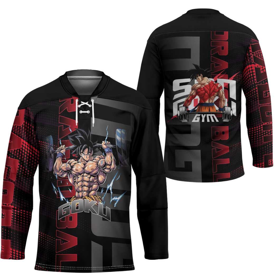 Goku Gym Theme Black and Red Design Hockey Jersey with Dumbbell Lightning Art and Muscle Training Pose - The Mazicc