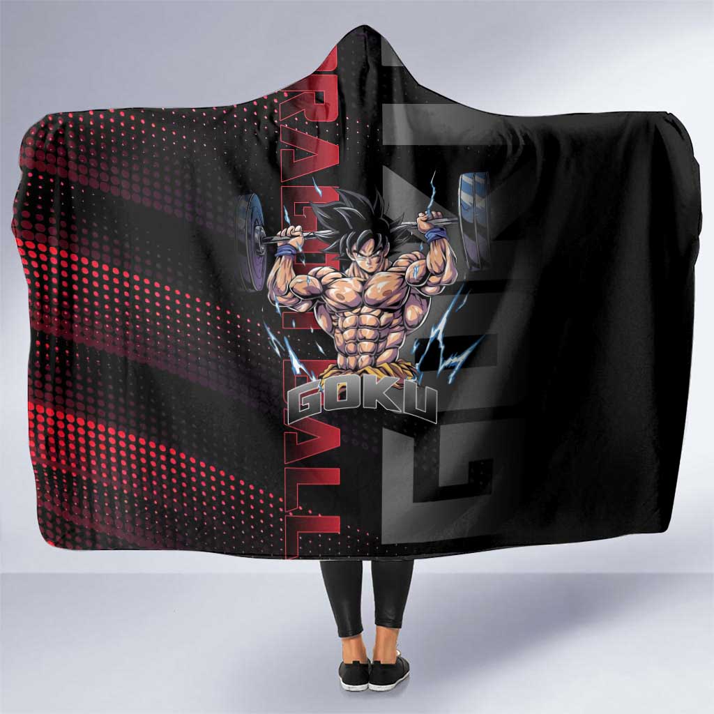 Goku Gym Theme Black and Red Design Hooded Blanket with Dumbbell Lightning Art and Muscle Training Pose - The Mazicc