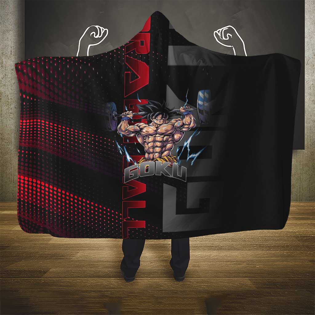 Goku Gym Theme Black and Red Design Hooded Blanket with Dumbbell Lightning Art and Muscle Training Pose - The Mazicc