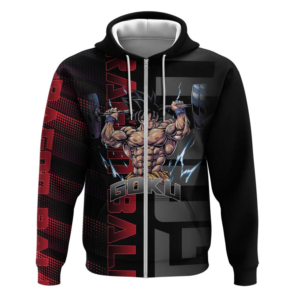 Goku Gym Theme Black and Red Design Hoodie with Dumbbell Lightning Art and Muscle Training Pose - The Mazicc