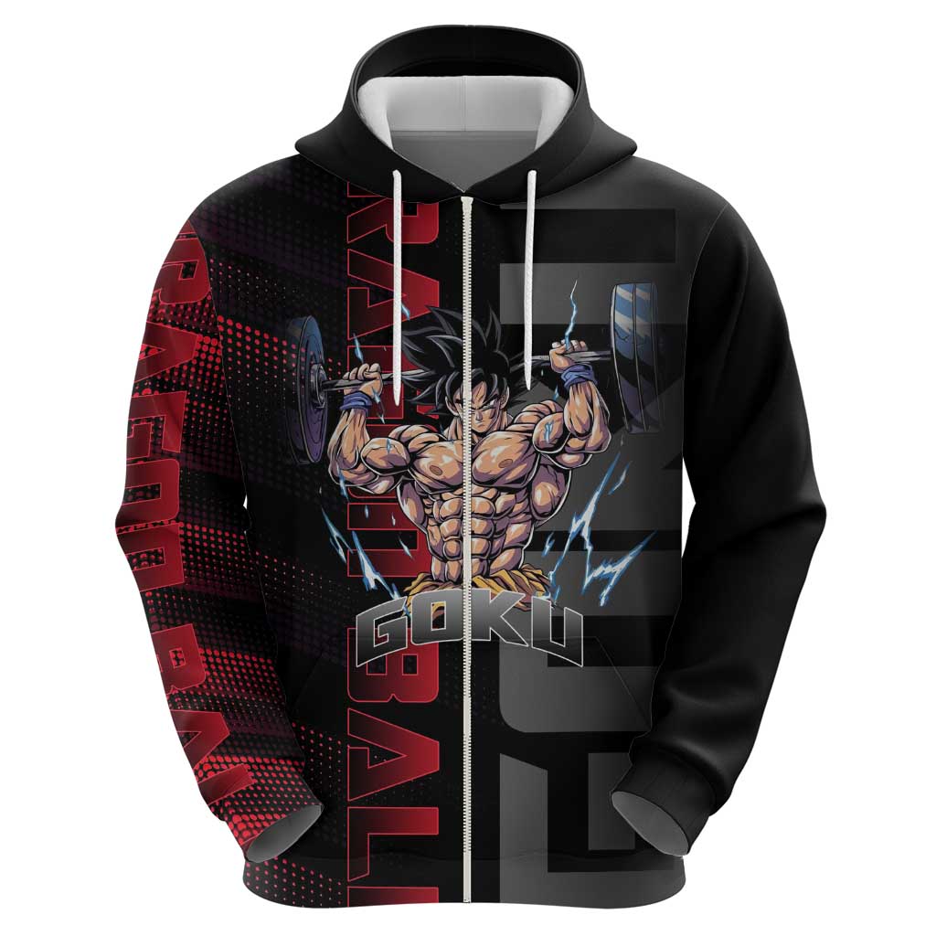 Goku Gym Theme Black and Red Design Hoodie with Dumbbell Lightning Art and Muscle Training Pose - The Mazicc