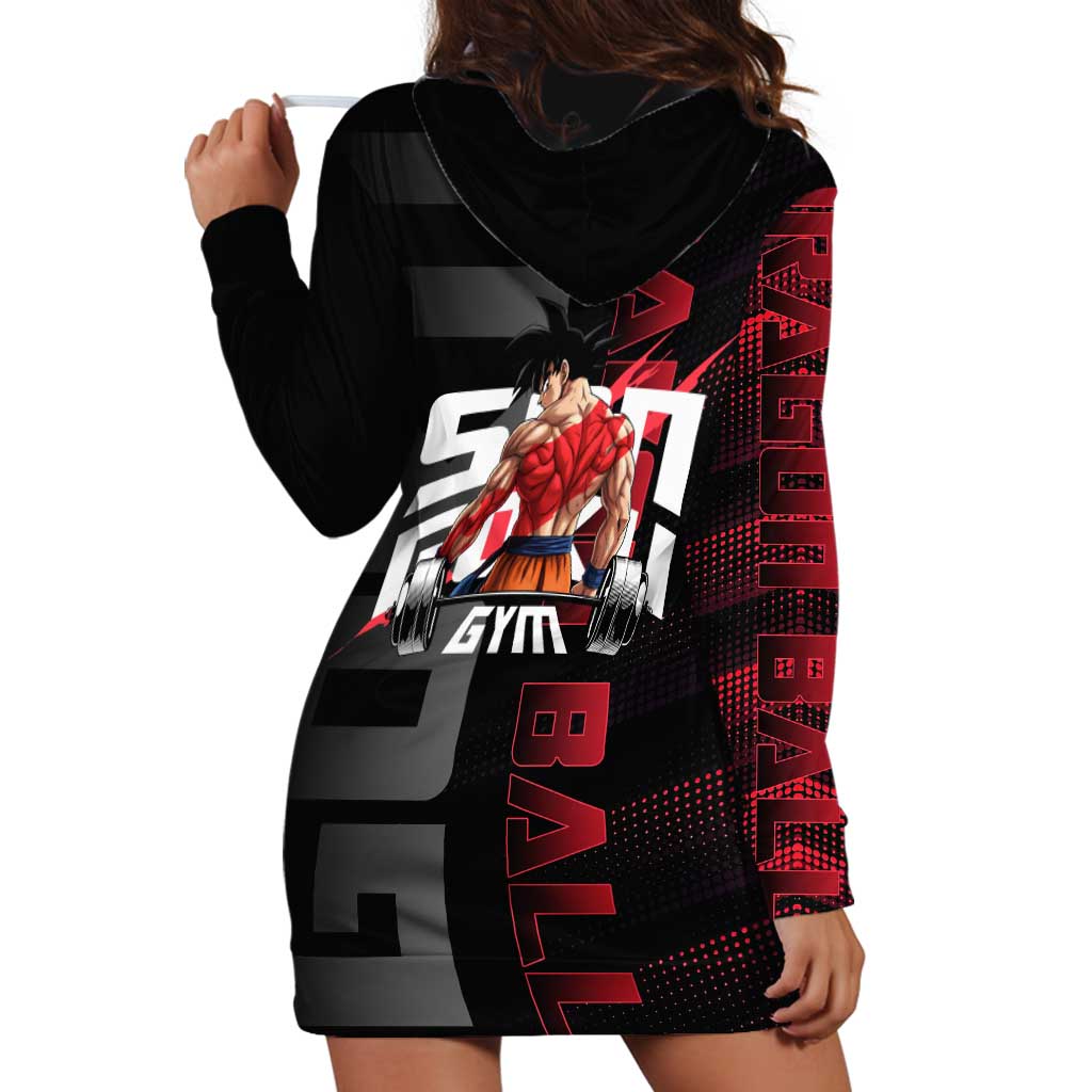 Goku Gym Theme Black and Red Design Hoodie Dress with Dumbbell Lightning Art and Muscle Training Pose - The Mazicc