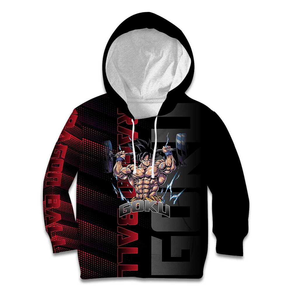 Goku Gym Theme Black and Red Design Kid Hoodie with Dumbbell Lightning Art and Muscle Training Pose - The Mazicc
