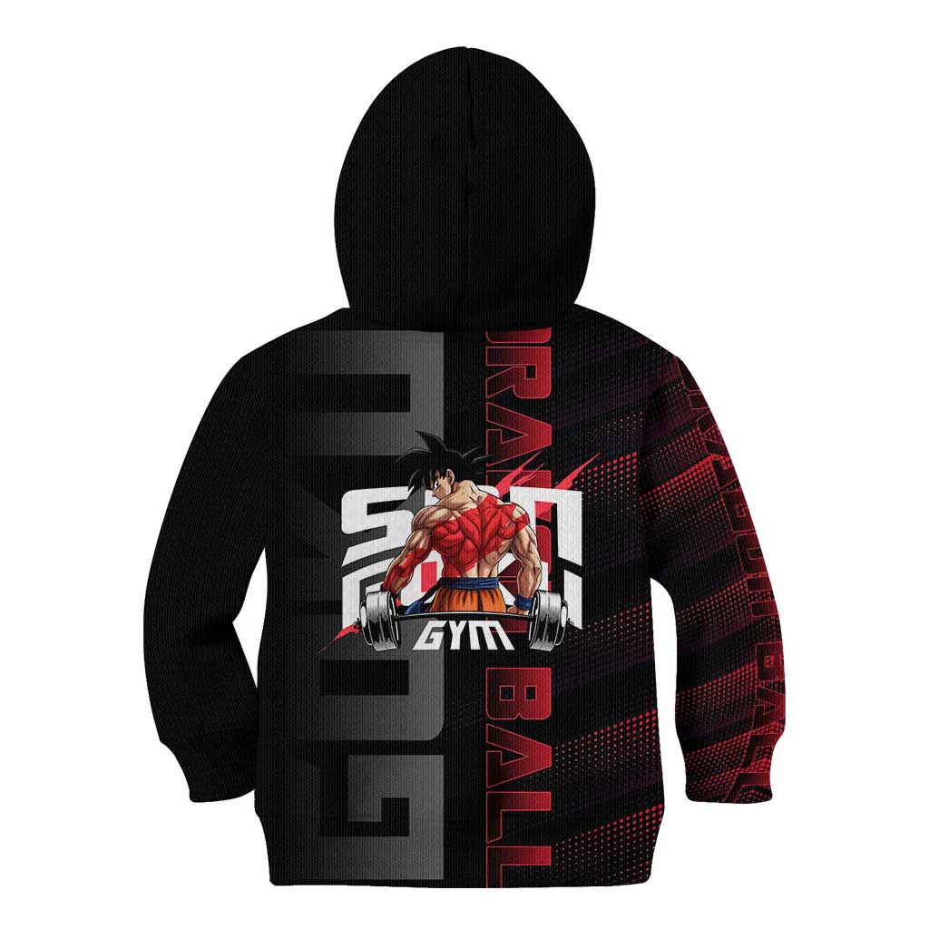 Goku Gym Theme Black and Red Design Kid Hoodie with Dumbbell Lightning Art and Muscle Training Pose - The Mazicc