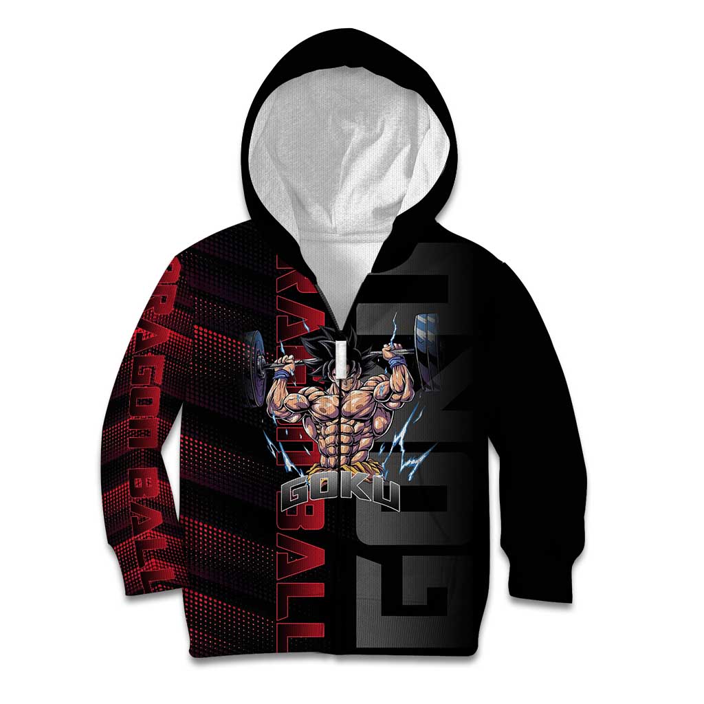 Goku Gym Theme Black and Red Design Kid Hoodie with Dumbbell Lightning Art and Muscle Training Pose - The Mazicc