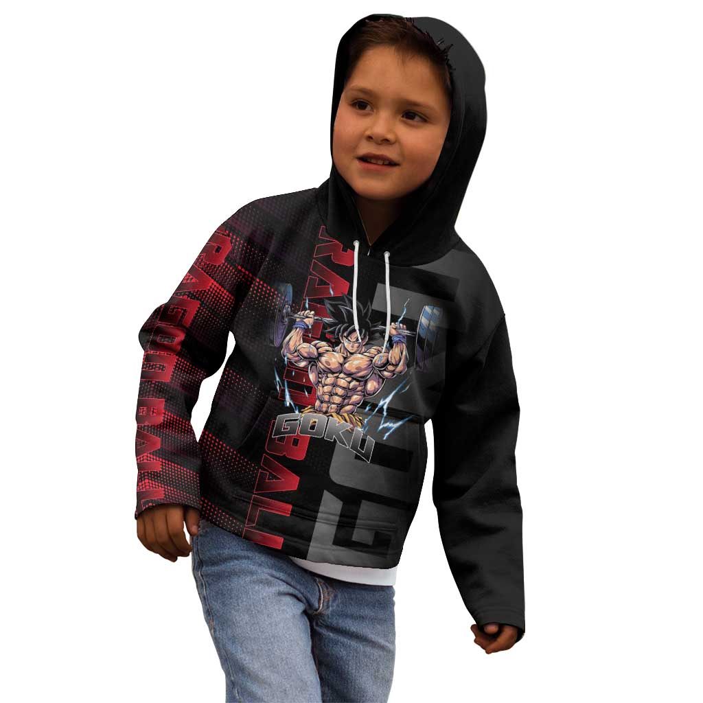 Goku Gym Theme Black and Red Design Kid Hoodie with Dumbbell Lightning Art and Muscle Training Pose - The Mazicc
