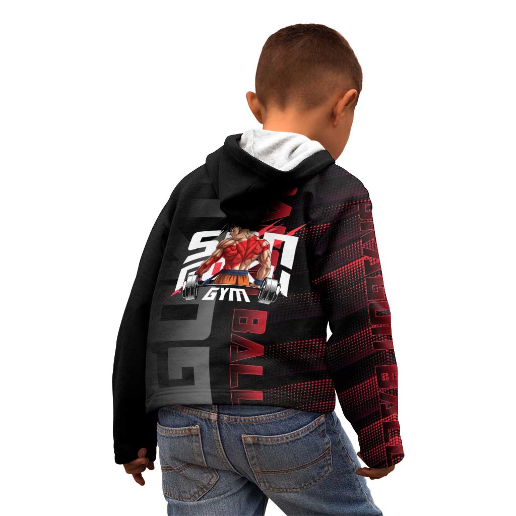 Goku Gym Theme Black and Red Design Kid Hoodie with Dumbbell Lightning Art and Muscle Training Pose - The Mazicc