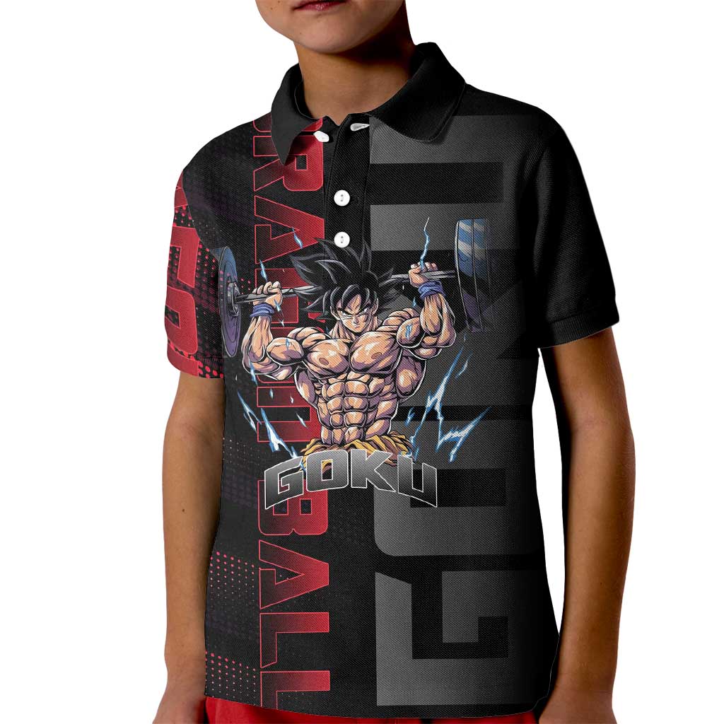 Goku Gym Theme Black and Red Design Kid Polo Shirt with Dumbbell Lightning Art and Muscle Training Pose - The Mazicc