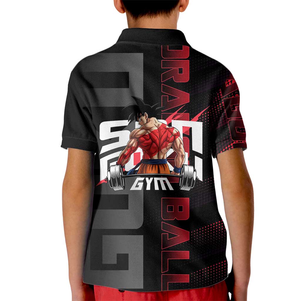 Goku Gym Theme Black and Red Design Kid Polo Shirt with Dumbbell Lightning Art and Muscle Training Pose - The Mazicc