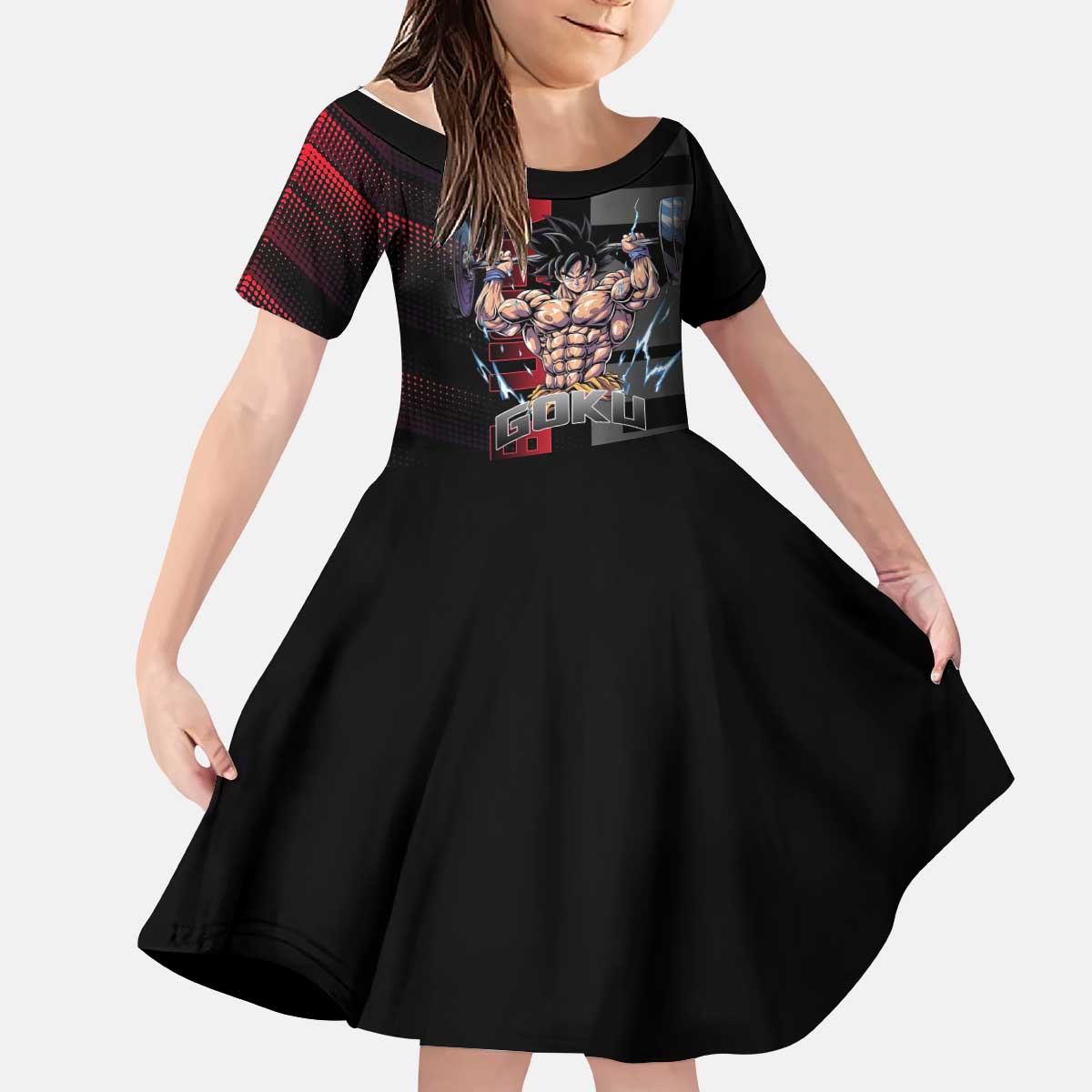 Goku Gym Theme Black and Red Design Kid Short Sleeve Dress with Dumbbell Lightning Art and Muscle Training Pose - The Mazicc