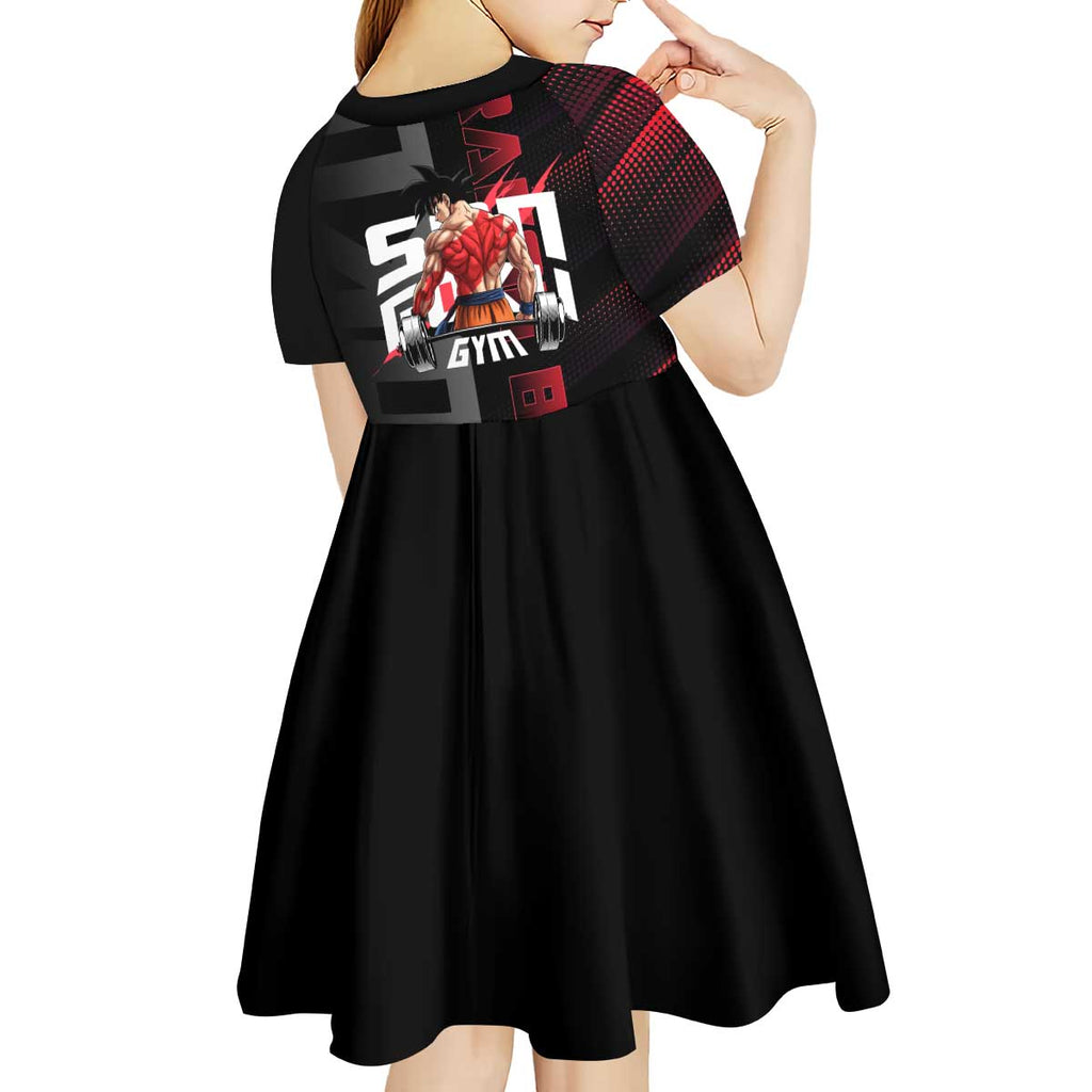 Goku Gym Theme Black and Red Design Kid Short Sleeve Dress with Dumbbell Lightning Art and Muscle Training Pose - The Mazicc