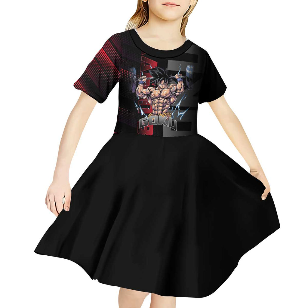 Goku Gym Theme Black and Red Design Kid Short Sleeve Dress with Dumbbell Lightning Art and Muscle Training Pose - The Mazicc