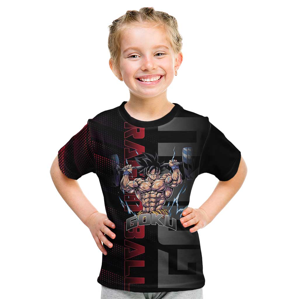 Goku Gym Theme Black and Red Design Kid T Shirt with Dumbbell Lightning Art and Muscle Training Pose - The Mazicc