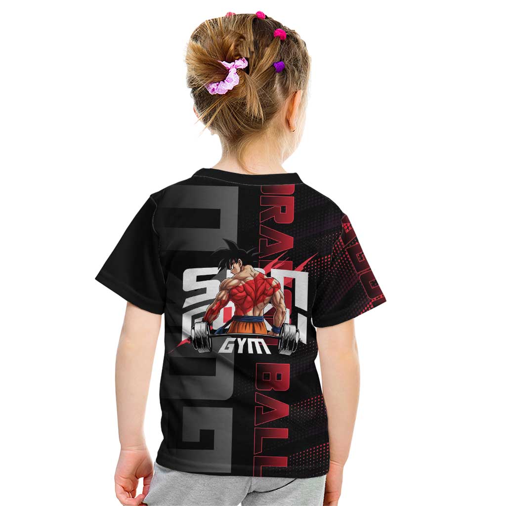 Goku Gym Theme Black and Red Design Kid T Shirt with Dumbbell Lightning Art and Muscle Training Pose - The Mazicc
