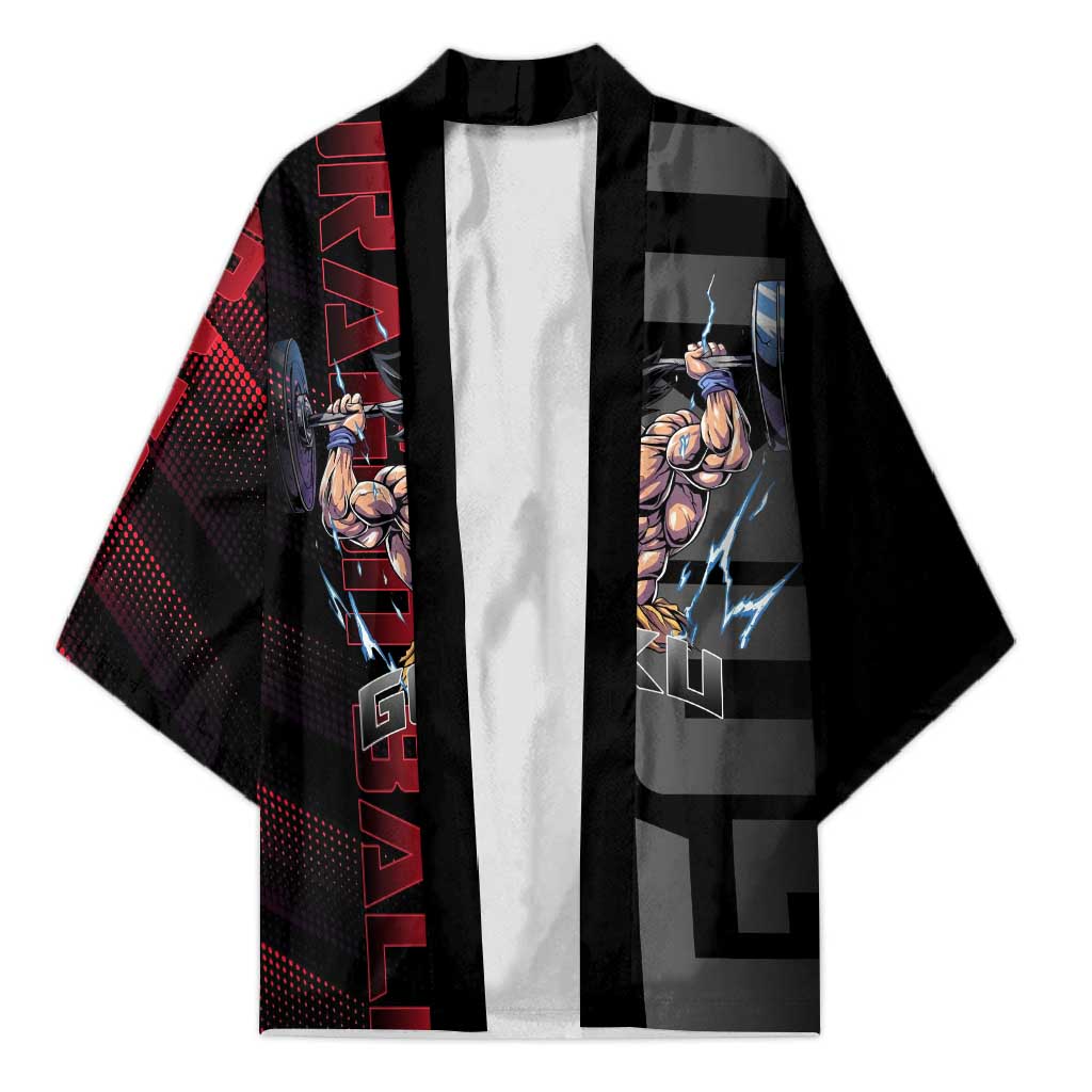 Goku Gym Theme Black and Red Design Kimono with Dumbbell Lightning Art and Muscle Training Pose - The Mazicc