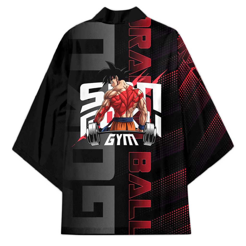 Goku Gym Theme Black and Red Design Kimono with Dumbbell Lightning Art and Muscle Training Pose - The Mazicc