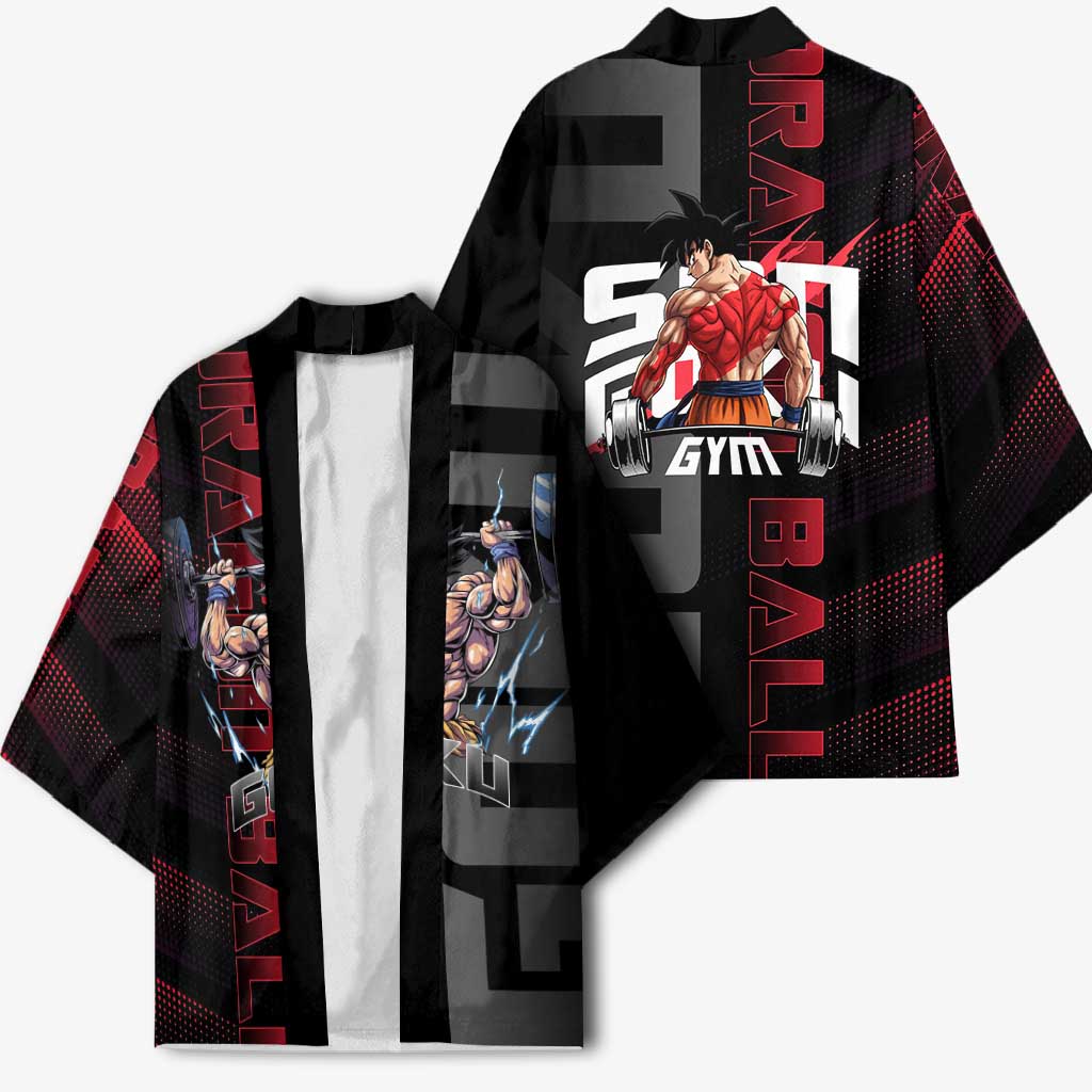 Goku Gym Theme Black and Red Design Kimono with Dumbbell Lightning Art and Muscle Training Pose - The Mazicc