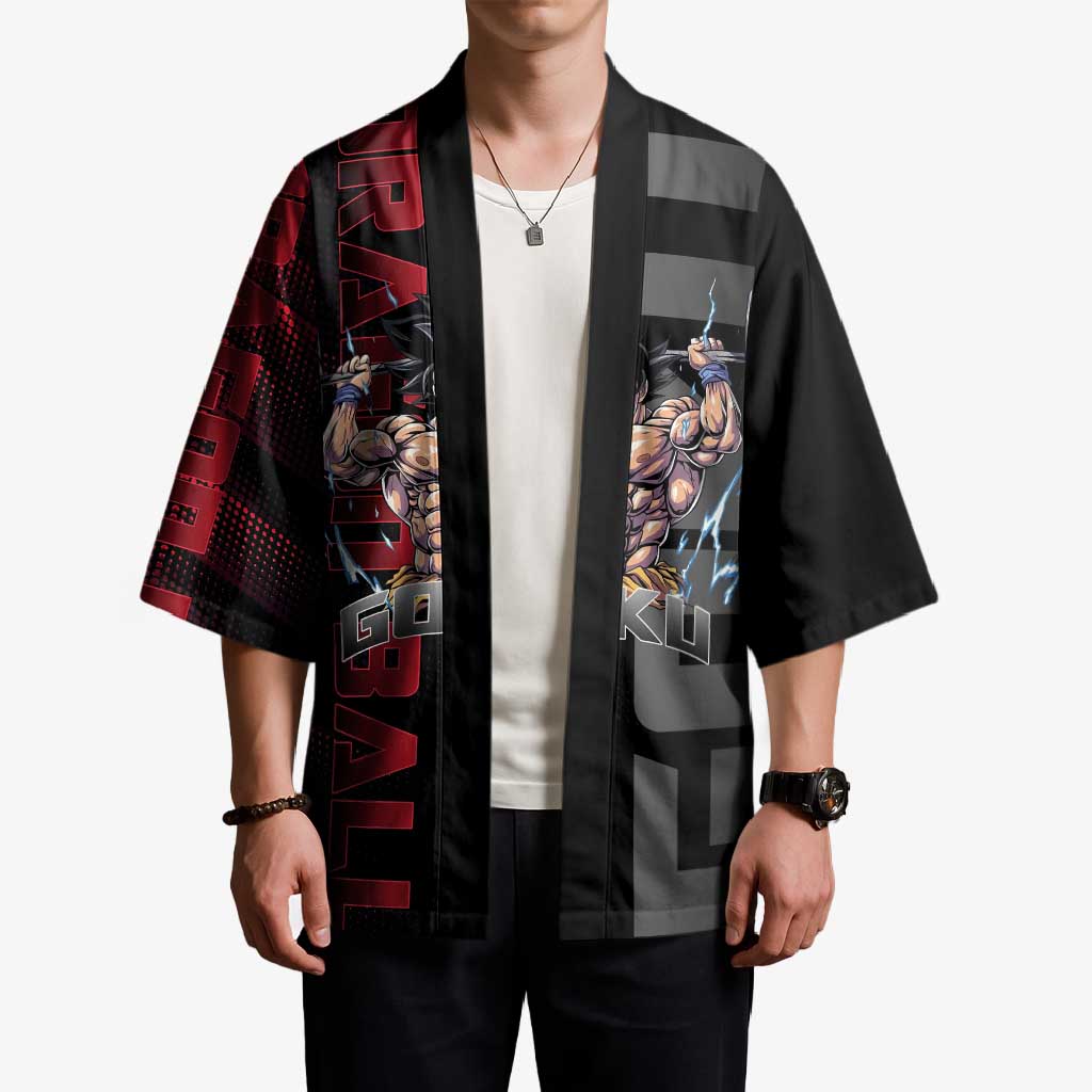 Goku Gym Theme Black and Red Design Kimono with Dumbbell Lightning Art and Muscle Training Pose - The Mazicc