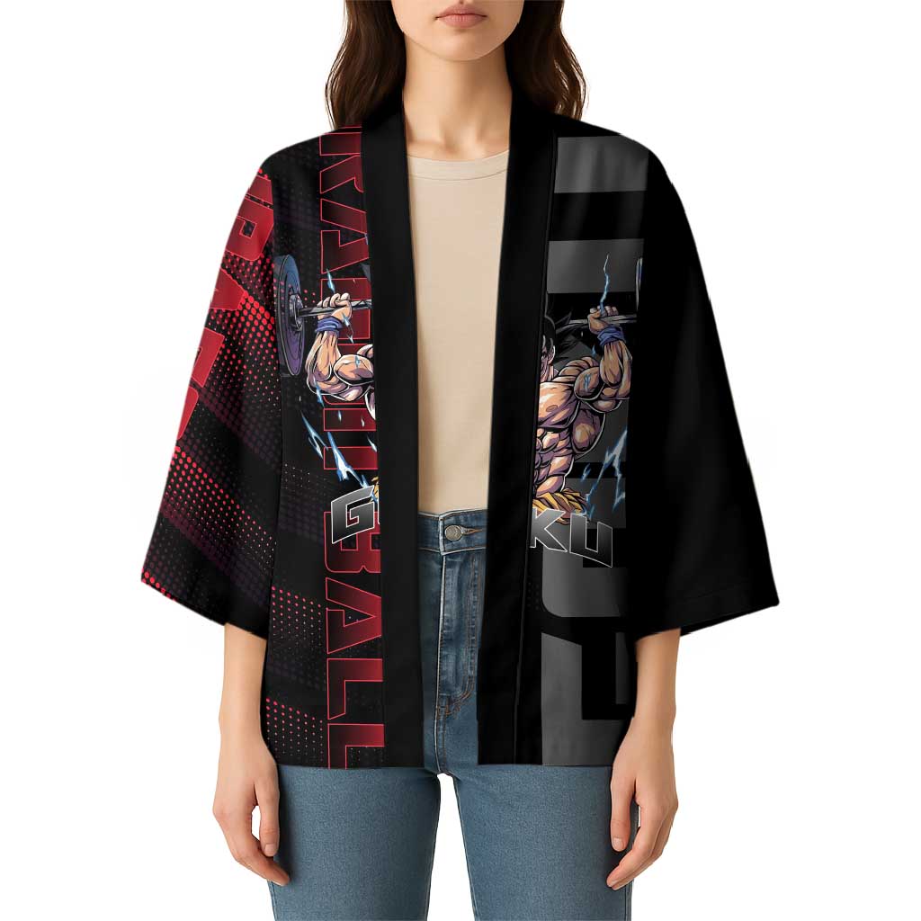 Goku Gym Theme Black and Red Design Kimono with Dumbbell Lightning Art and Muscle Training Pose - The Mazicc