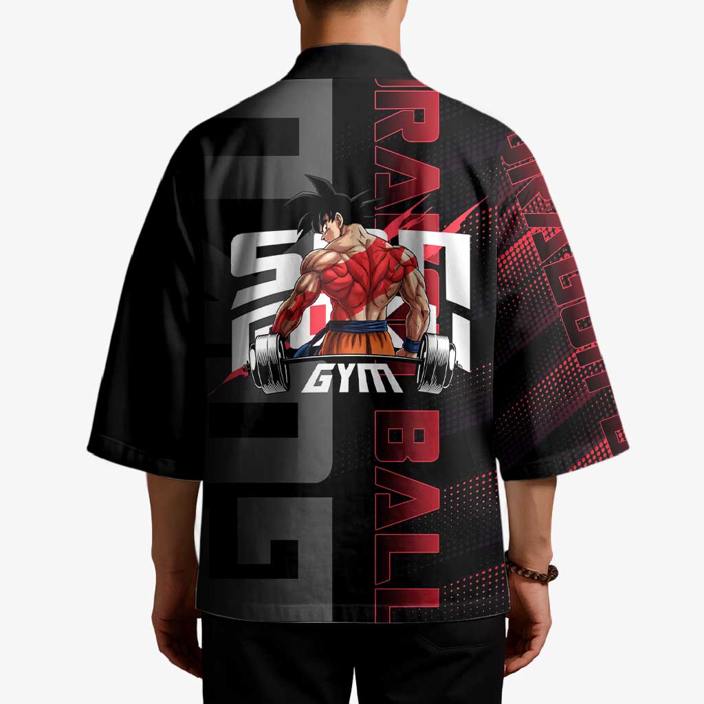 Goku Gym Theme Black and Red Design Kimono with Dumbbell Lightning Art and Muscle Training Pose - The Mazicc