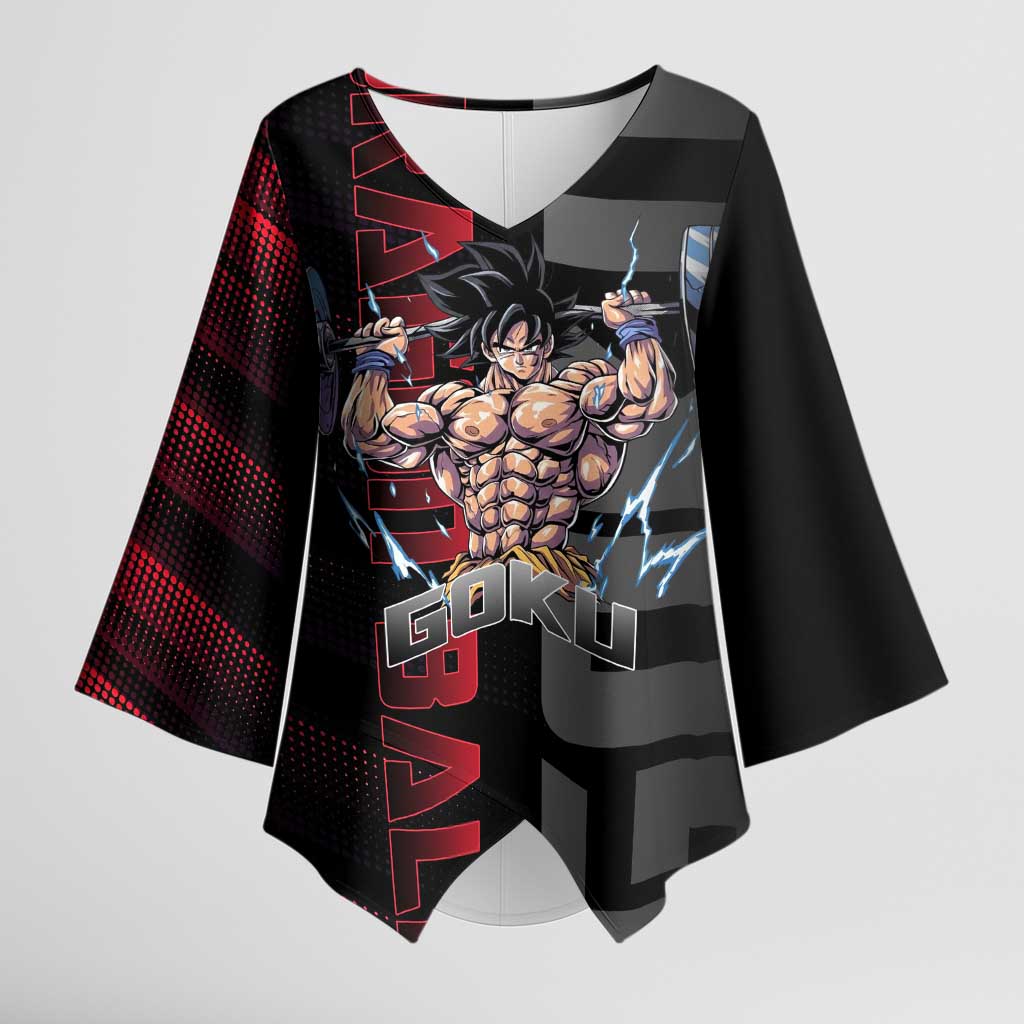 Goku Gym Theme Black and Red Design Kimono Sleeve Blouse with Dumbbell Lightning Art and Muscle Training Pose - The Mazicc