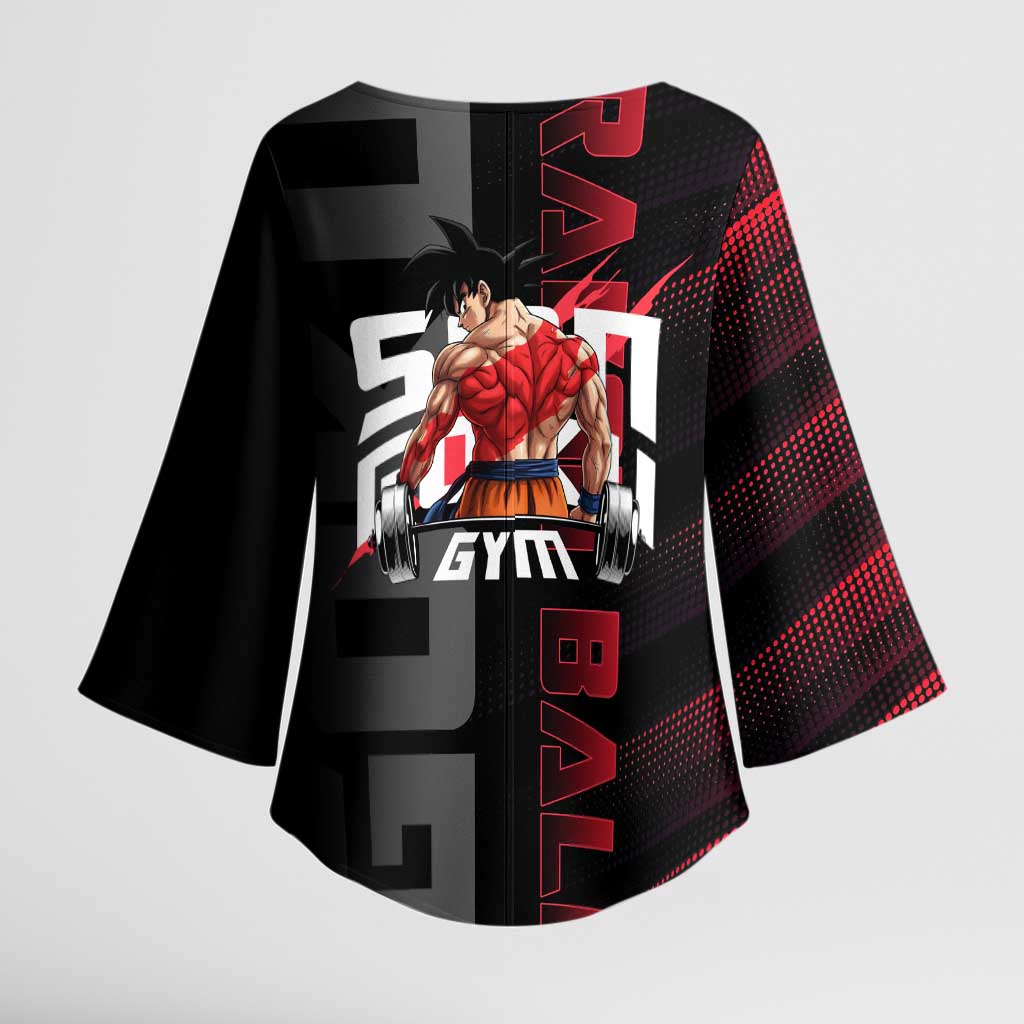 Goku Gym Theme Black and Red Design Kimono Sleeve Blouse with Dumbbell Lightning Art and Muscle Training Pose - The Mazicc