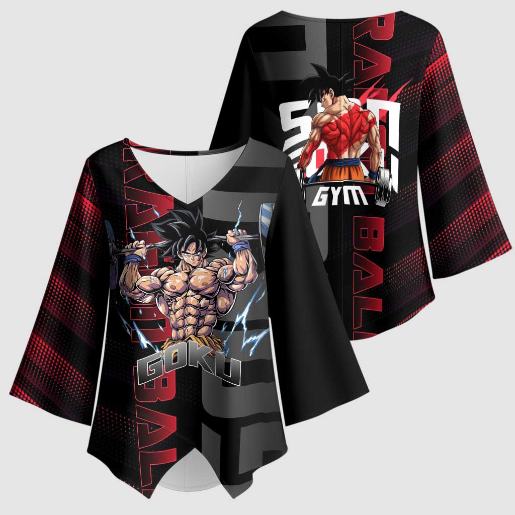 Goku Gym Theme Black and Red Design Kimono Sleeve Blouse with Dumbbell Lightning Art and Muscle Training Pose - The Mazicc