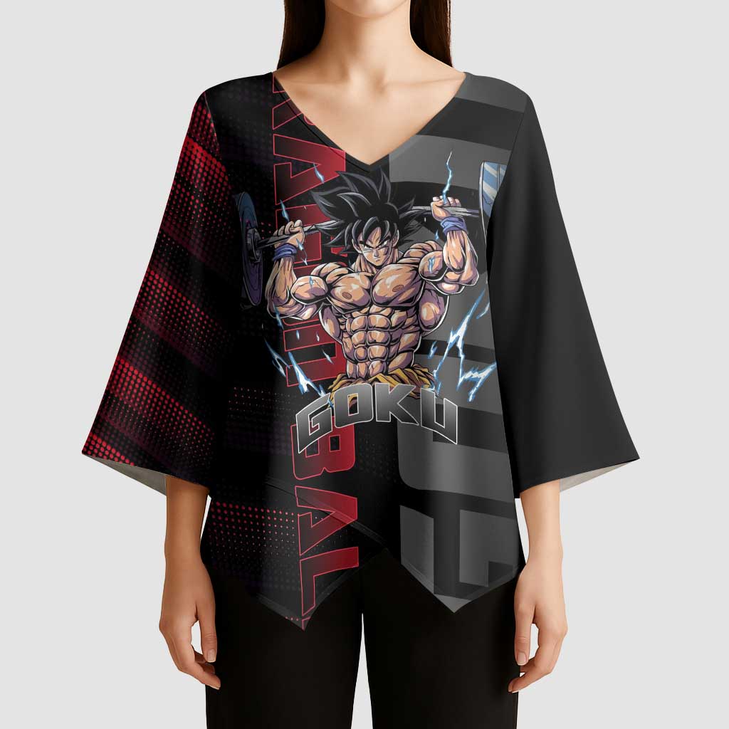 Goku Gym Theme Black and Red Design Kimono Sleeve Blouse with Dumbbell Lightning Art and Muscle Training Pose - The Mazicc